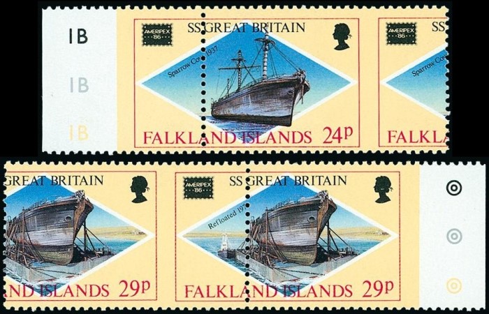 Falkland Islands 1986 Ameripex 24p and 29p Stamp Pairs with Perforation Error Falkland Islands 1986 Ameripex 24p and 29p Stamp Pairs with Perforation Error